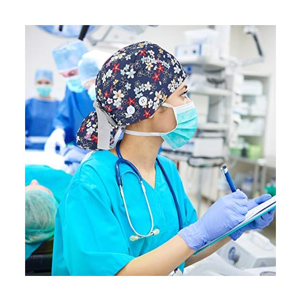 6-Pieces-Scrub-Caps-with-Buttons-Ponytail-Holder-and-Sweatband-Adjustable-Ribbon-Tie-Ponytail-Hats-Bouffant-Turban-Hats-Colorful-Printed-Beanie-Long-Hair-Covers-for-Women 6 Pcs Scrub Caps Women Nursing Hats with Buttons Adjustable Bouffant Nurse Ponytail Holder Turban Patterns