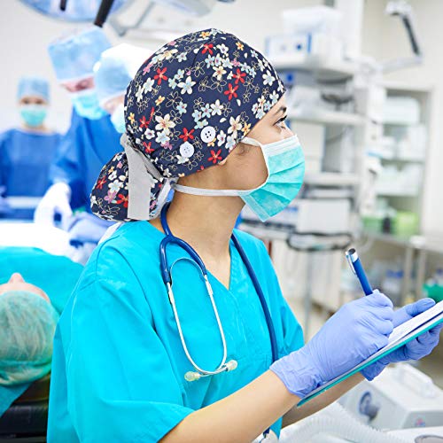 Image of Honoson 6 Pcs Scrub Caps Women with Buttons | Adjustable, Bouffant Surgical Caps, with Ponytail Holder, Cotton Nurse Hats