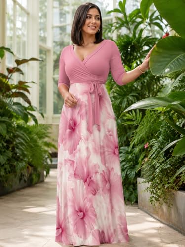 Image of PinkPatty Plus Size Maxi Dress for Women Casual V Neck 3 /4 Sleeve Boho Printed Long Dress with Pockets