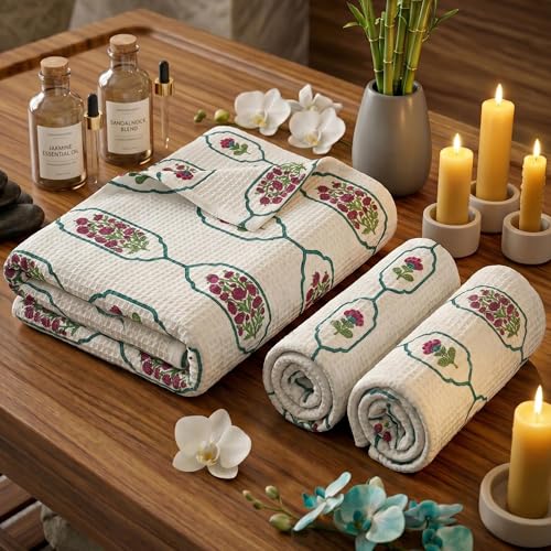 Image of Mafatlal Madhuban Hand Printed Towel Set (1 Bath 147x76 cm + 2 Hand 76x38 cm) | 250 GSM | Lightweight, Quick Dry Cotton | Vista White