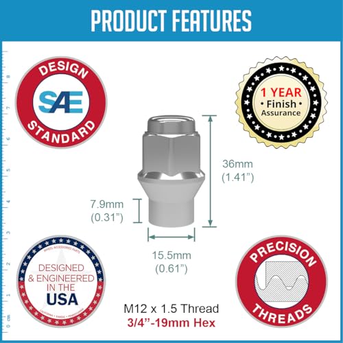 Image of Wheel Accessories Parts 100 Pcs M14x1.5 14x1.5 Thread ET Bulge Acorn 1.42 inch Long Lug Nuts Chrome 3 /4 inch 19mm Hex Fits Silverado 1500 Ford F-150 RAM 1500 Mustang (for use with Wheels Spacers)