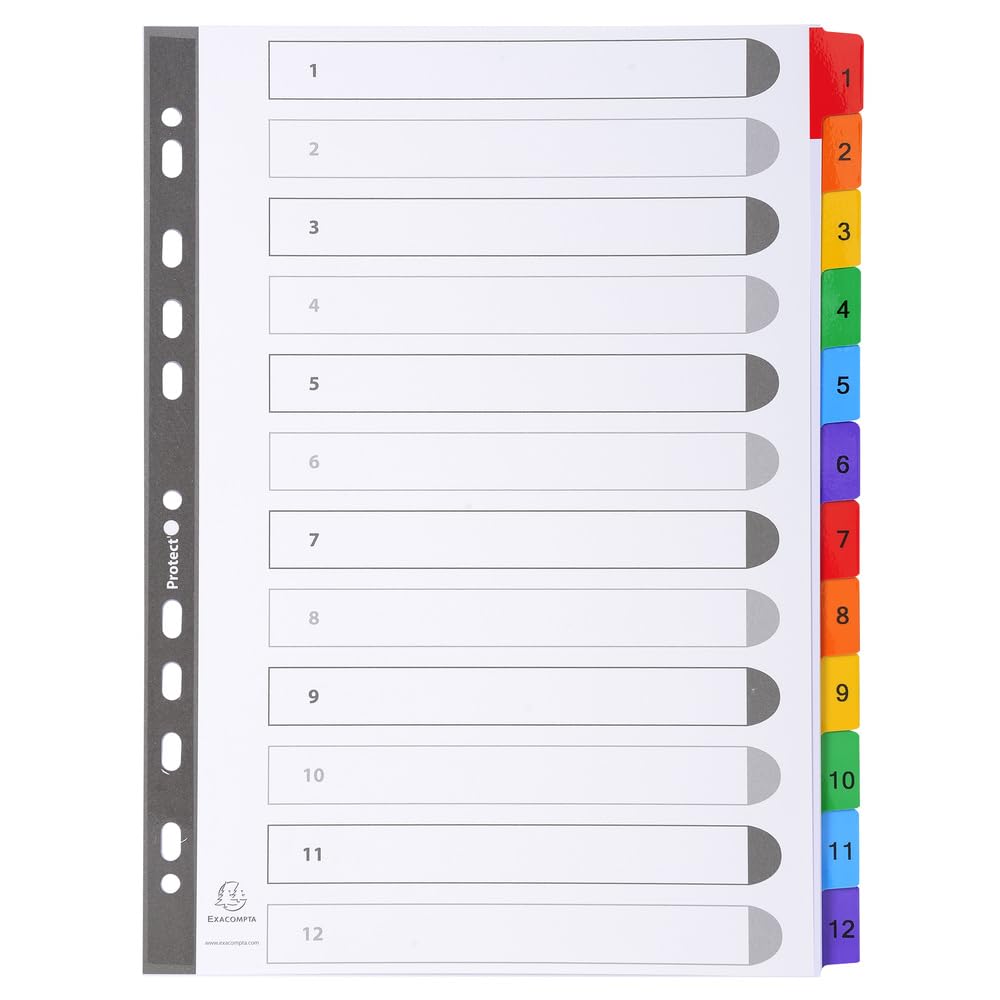 Exacompta - Ref. 1112E – Karton mit 20 Registern aus weißem Karton, 160 g/m², FSC® mit 12 digital bedruckten Registern von 1 bis 12 Farben, Indexseite bedruckbar, für DIN A4, Maße: 22,5 x 29,7 cm