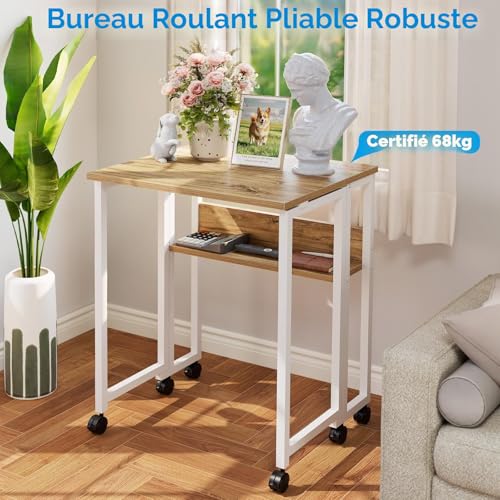 GreenForest Bureau Pliable à roulettes, 63cm Table d'appoint avec Rangement – vue 8