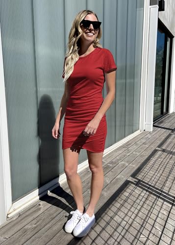 Image of BTFBM Women's Summer Dresses 2026 Casual Bodycon Mini Dress Short Sleeve Crew Neck Ruched Spring Beach Vacation Outfits