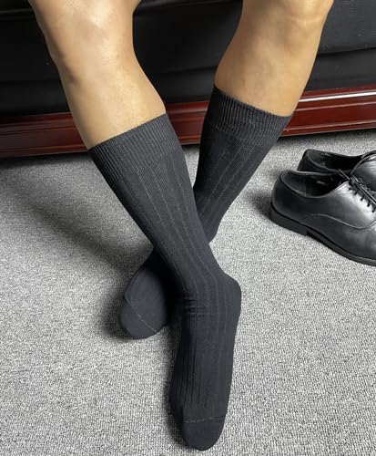 PUJANE Men's Dress Crew Socks 5 Pairs Mens Cotton Calf Business Formal Soft Breathable Athletic Long Sport Socks (Black Size L)