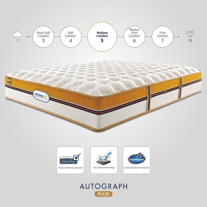 Image of Springfit Autograph Pulse Mattress with Aerosleep Memory Foam & 5 Zone Natural Latex and Pocket Spring | 7 Inches Queen Size (72x66x7) | Soft | GOLS Certified