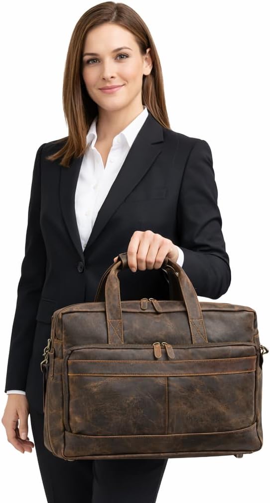 Full Grain Handcrafted 16” Leather Laptop Messenger Bag – Executive Office Briefcase with Thick Wide Shoulder Strap, Detachable Buckle & Spacious Compartments for Travel & Work