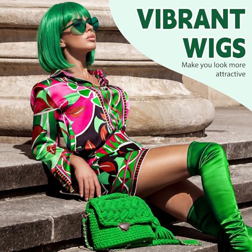 Image of Chunyin 2 Pieces Party Wigs and Sunglasses Set, Neon Short Bob Wig Costume Cosplay Colorful Wig Hairpieces for Bachelorette Neon Party Favors, Halloween, Decorations (Green)