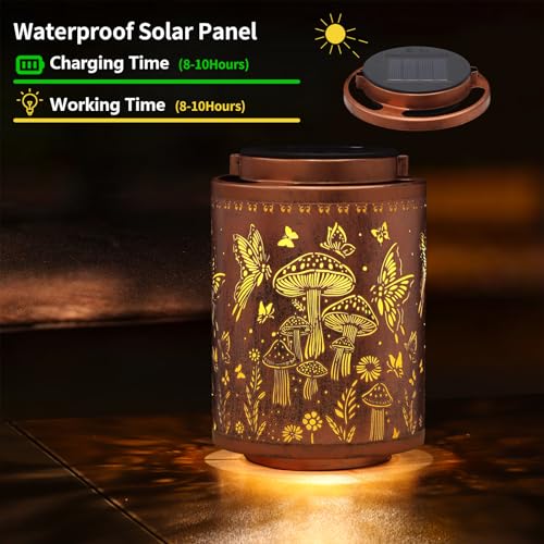 Image of Solar Lanterns Outdoor Waterproof Mushroom Butterfly Garden Decor Gifts for Women Mon Grandma Metal Hanging Solar Lights Decoration for Outside LED Lanterns for Yard Patio Lawn