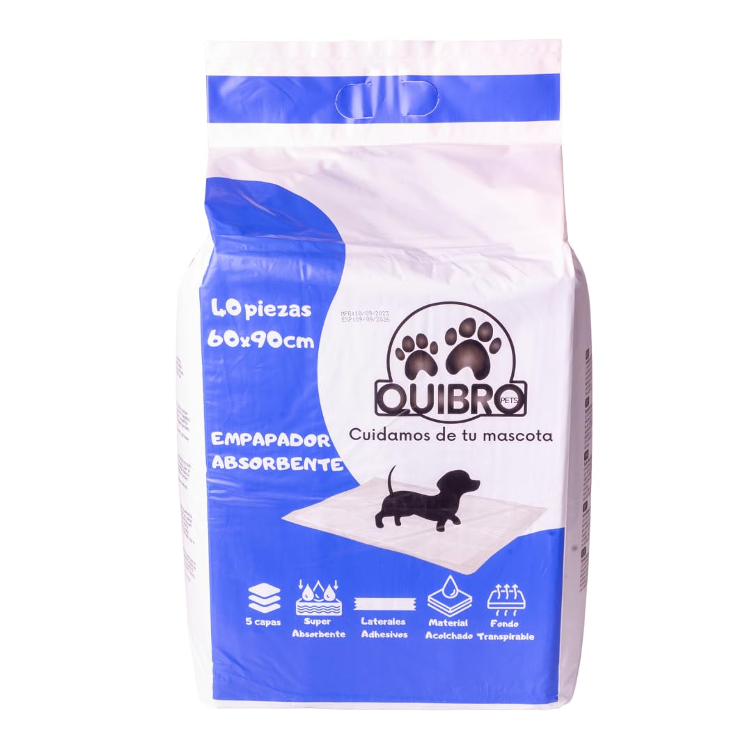 QUIBROPETS Empapadores Desechables para Perros 60x90 - Alfombrillas higiénicas para Entrenamiento de Mascotas - Atrayente de Micciones - 40 Unidades.