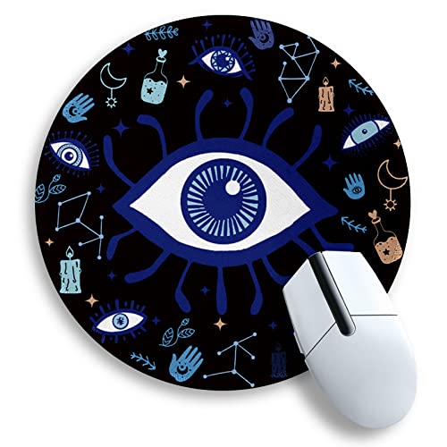 Image of Evil Eye Round Mouse Pad 8.6 x 8.6 Inch, Funny Mousepad for Laptop Gaming Women, with Stitched Edge Non-Slip Rubber Base, Home Office Decor Desk Accessories