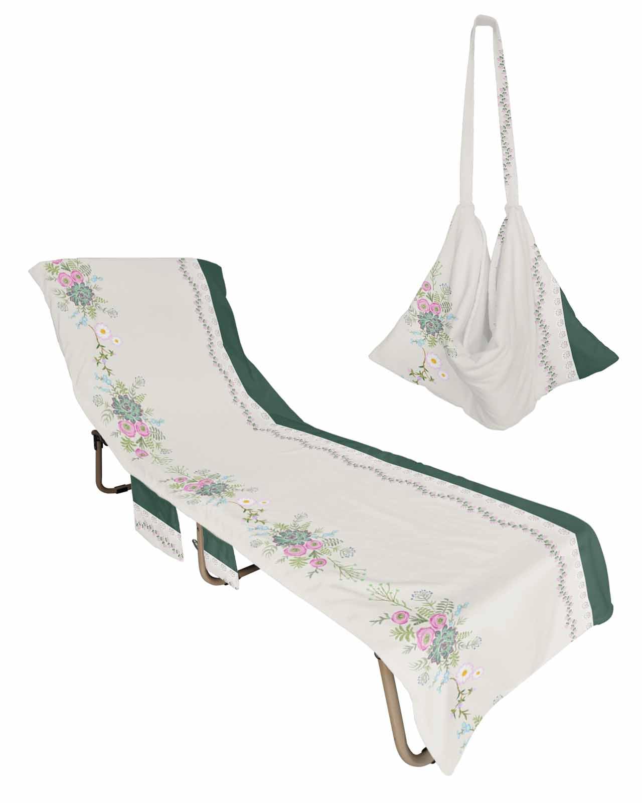 Floral Botanical Beach Chair Towel Covers for Chaise Lounge with Side Pocket, Soft Plush Pool Towels Cover for Patio Sunbathing Outdoor 29''x85'' Bohemia Embroidered Flower Vintage Green