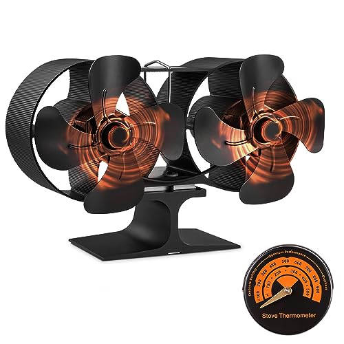 PYBBO Double Motors Stove Burner Fan, Small Size 8 Blades Fireplace Silent Heat Powered Eco Stove Fan for Gas/Pellet/Wood/Log Burning Stoves with Thermometer