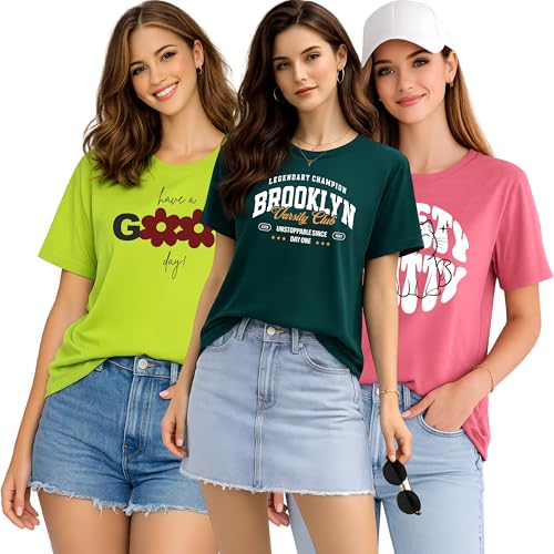 Image of London Hills Women Cotton Printed T-Shirt Combo Pack of 3 | Loose Fit Half Sleeve Round Neck Graphic Tees for Girls & Ladies | Women's Western Tops | Cute Trendy Print Summer Fashion T-Shirts