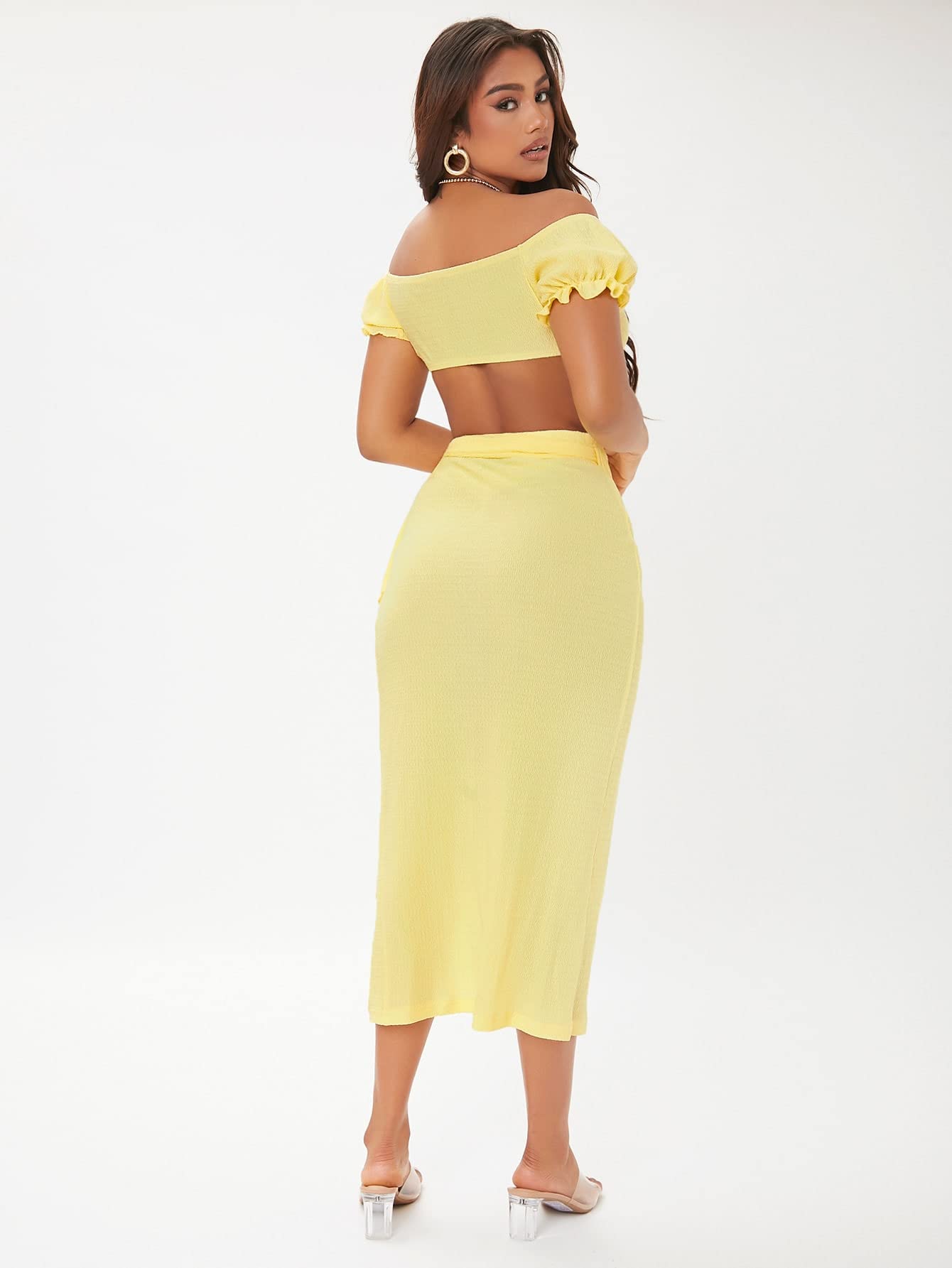 yellow crop top off the shoulder