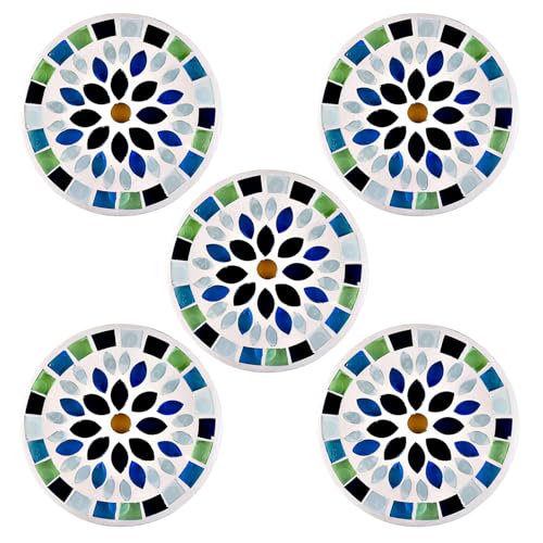 フォーカート かわいい 手作り ガラス細工【モサ゛イク コースター 】フラワー フ゛ルー ×5枚セット