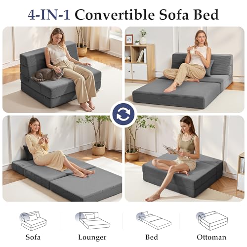 Youzi Folding Sofa Bed Convertible Sleeper Chair with Pillow, 4-in-1 Foldable Mattress Futon Couch Bed to Lounge Chair for Living Room, Bedroom, Dorm & Guest, Washable Cover, Dark Gray, Single - Image 2