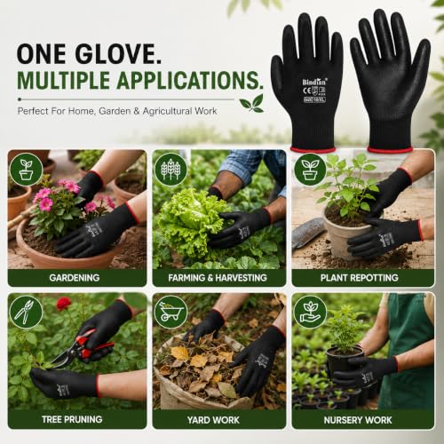 Image of Bindian Gardening Gloves for Men & Women | Heavy Duty Garden Gloves for Home Gardening, Farming & Agriculture | Durable Hand Gloves for Digging, Weeding, Planting & Outdoor Work (2 Pair Black)