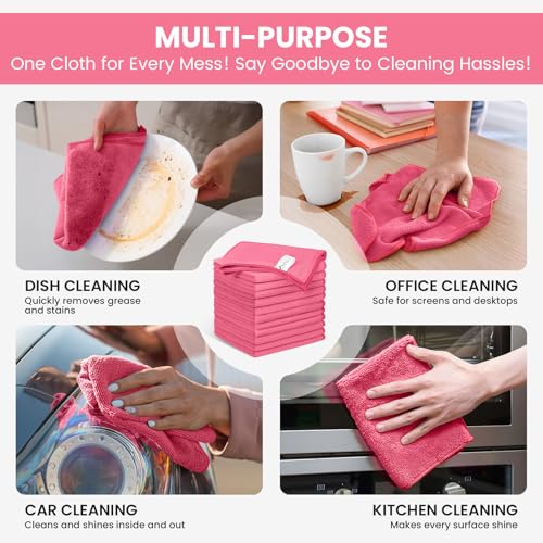 Image of SIFANGKE Microfiber Cleaning Cloth, 12 Pack HotPink Cleaning Rags for Housekeeping, Reusable Microfiber Towels for Car, Kitchen, Bathroom and Household Cleaning Supplies, 11.8 inchX11.8 inch