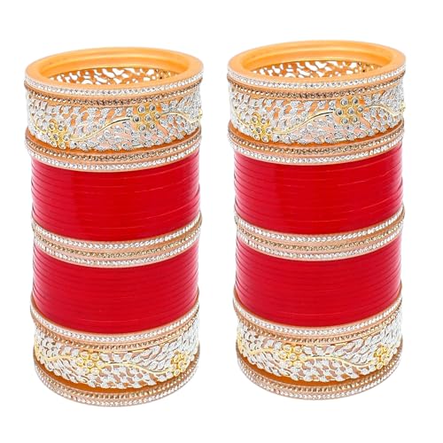 Image of Lucky Jewellery Bridal Bangle Set Dhanteras /Diwali /Bhai Dooj Collection Red Designer AD & Golden Stone Dulhan Chuda Fashion Wedding Chura Punjabi Choora For Women (2673-G1C1-1002-R)