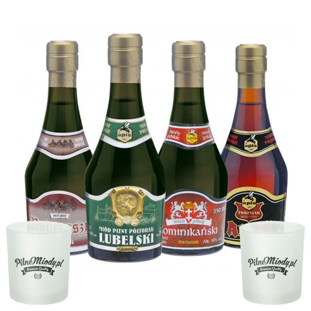 Set mit 4 Mets (Honigwein Półtorak-Eineinhalber/Dwójniak-Halber / 2x Trójniak-Drittel) mit 2 Bechern | 1000ml | 13-16% Alkohol Metwein | Polnische Produktion