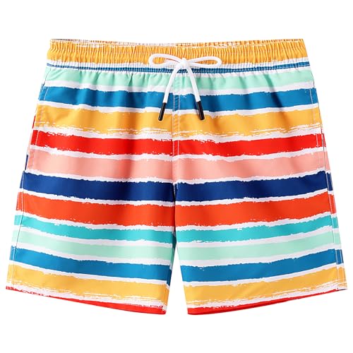 ECGK Boys Swim Trunks Swim Shorts Compression Boxer Brief Liner Bathing Suit Swimsuit Anti-Chafe Toddler Kids Youth Teen Rainbow Stripe 14-16 Years