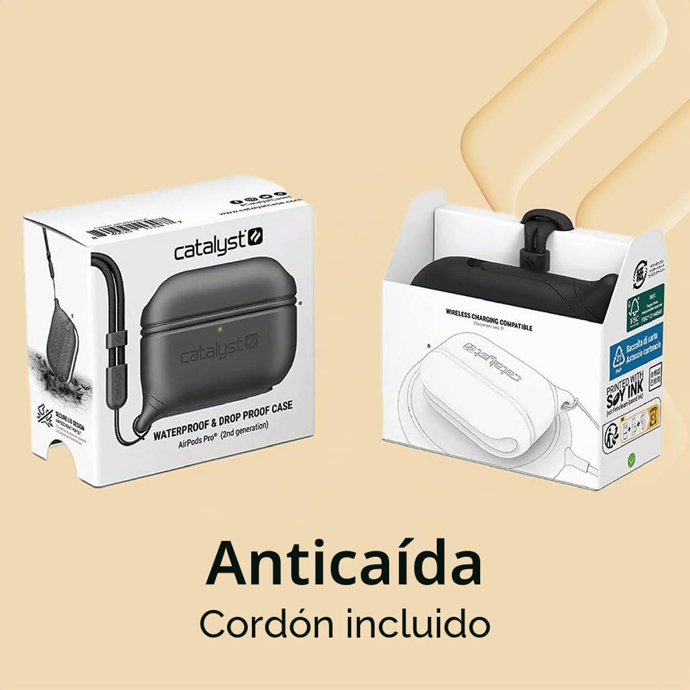 Catalyst Funda impermeable y a prueba de caídas para AirPods Pro (2ª generación), edición especial, compatible con carga inalámbrica, funda suave de piel, con mosquetón (negro)