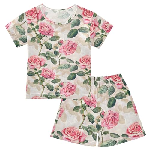ALAZA Rose Flower Vintage Floral Pajamas Short Sleeve 2 Piece Sleepwear Top and Bottom Pajama Set Unisex