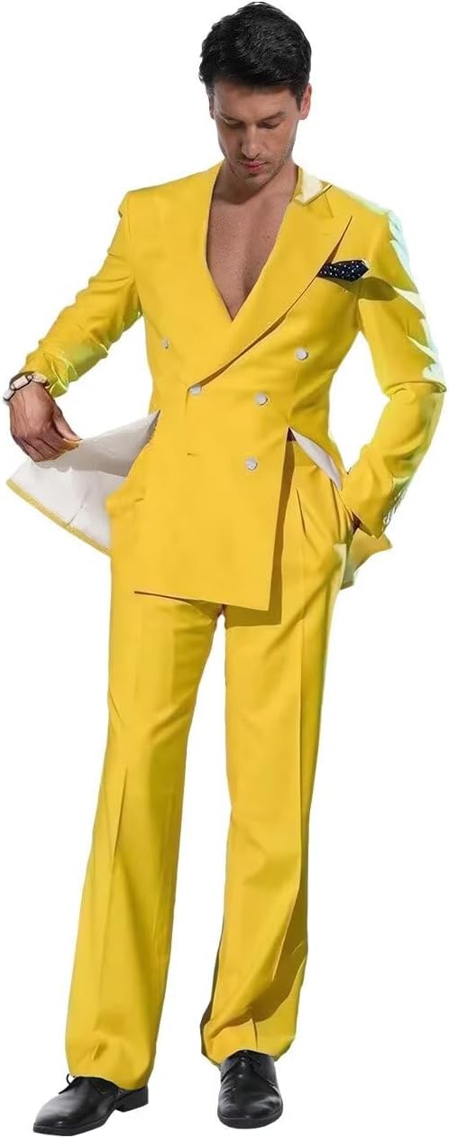 Business Suit for Men 2 Pieces Double Breasted Peak Lapel Blazer Pants Yellow Solid Double Front Vent Tuxedos Regular Fit for Prom Size 44