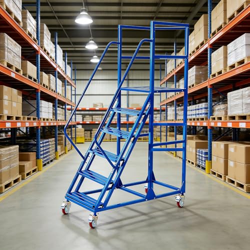 Image of Rolling Ladder with Wheels, Mobile Rolling Stairs with Handrail for Industrial Warehouse, Rolling Steps Ladder with Fence, for High Shelf Aisles, Warehouses, Supermarkets, Libraries (Blue, 6 Steps)