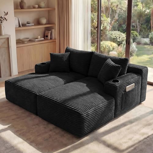 Image of 125 inch Oversized Cloud Boneless Couch with Chaise, Modern Modular Sofa with Deep Seat, Corduroy Upholstered U Shaped Couch for Living Room, No Assembly Required (Black)