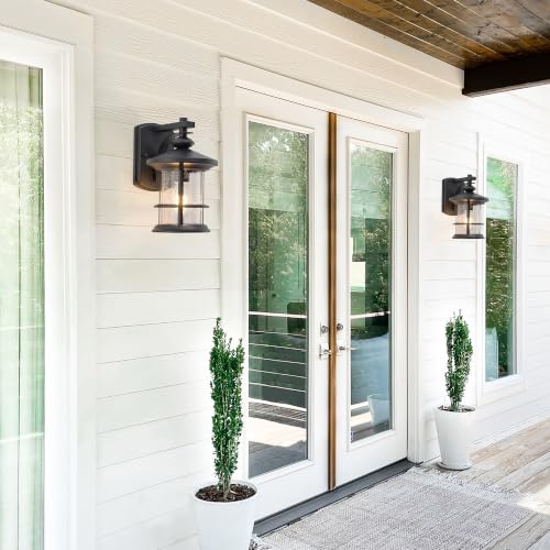 Image of MICSIU 100W Max Modern Industrial Textured Black Outdoor Wall Light 1 Pack | 10 Inch Metal Round Exterior Wall Sconce Lighting, Clear Seedy Glass Porch Light for Entryway, Garage, Front Door