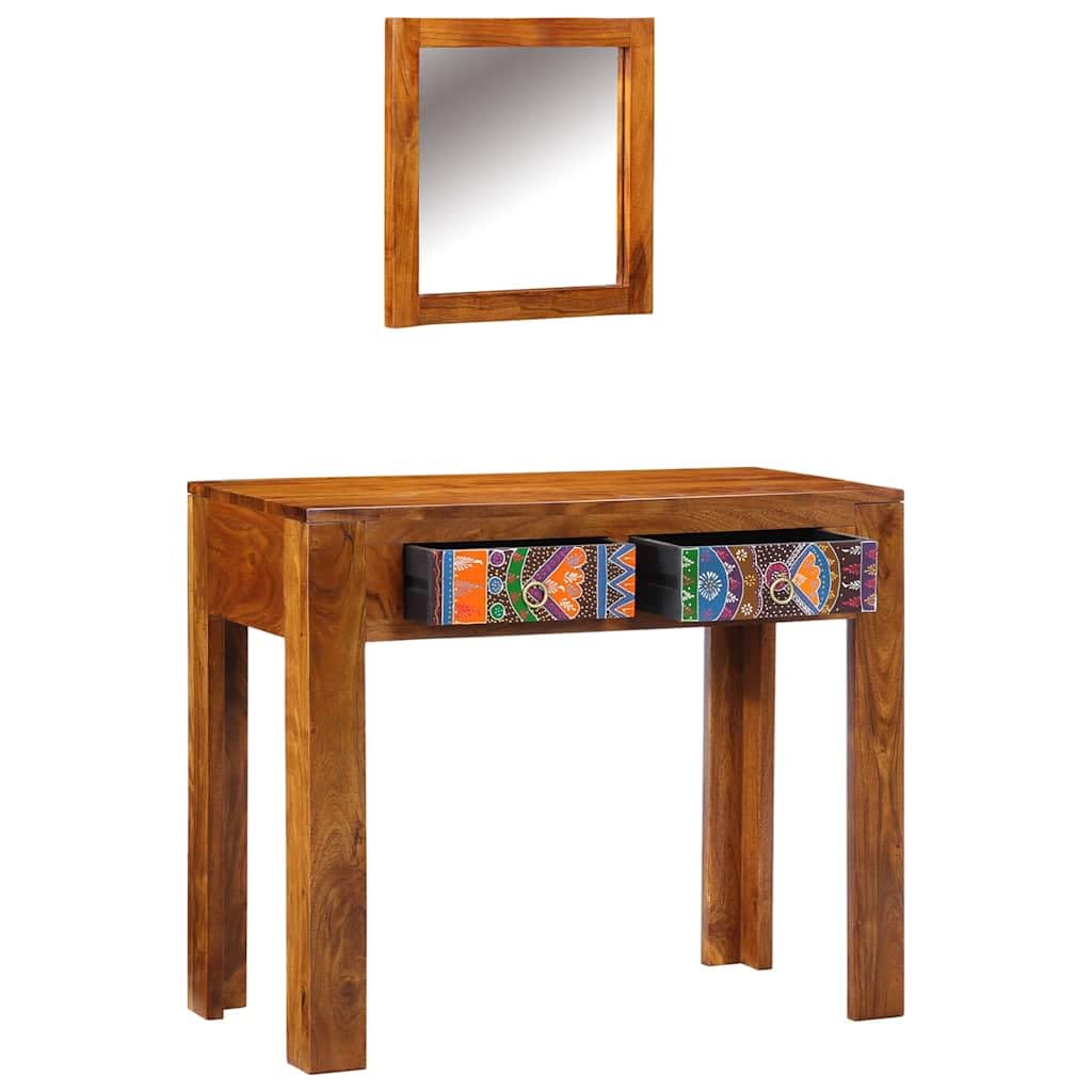 Tocador marrón 90 x 45 x 75 cm madera de acacia mesa de maquillaje con espejo de ala y espacio de almacenamiento para dormitorio y vestidor