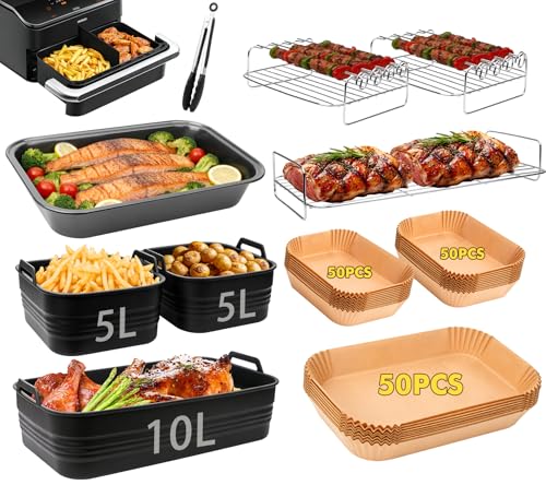 Heißluftfritteuse Zubehör für Cosori Dual Blaze 10L & Ninja AF500EU Foodi Flexdrawer 10 4L BPA-frei Faltbarer Silikon Einsatz 1×10L + 2×5L Silikonform & Grillrost (Ninja 10 4L/COSORI 10L)