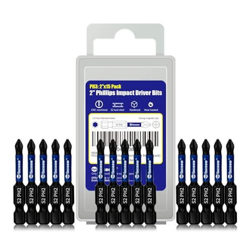 Facoow 15-Pack Phillips Bits #2 Impact Anti-Slip 2-Inch Magnetic Phillips Head Drill & Screwdriver Bits PH2 Premium S2 Steel 1/4 Hex Shank for Impact Drivers Professional & DIY Use