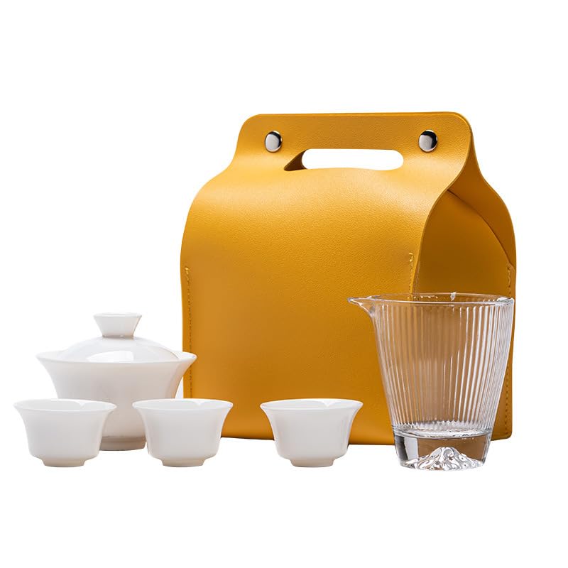 Mutton fat jade tea set, travel tea set, one pot, one glass, three cups of tea, outdoor tea set with portable bag