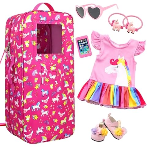 Ecore Fun 7 Items 18 Inch Dolls Bag and Accessories Unicorn Doll Carrier Storage Fit for 18 Inch Girl Dolls Including Doll Case, 18" Doll Clothes, Doll Shoes, Sunglasses, Phone and 2 Hairpin Cover