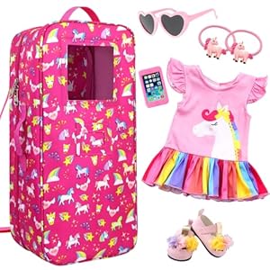 Ecore Fun 7 Items 18 Inch Dolls Bag and Accessories Unicorn Doll Carrier Storage Fit for 18 Inch Girl Dolls Including Doll Case, 18″ Doll Clothes, Doll Shoes, Sunglasses, Phone and 2 Hairpin