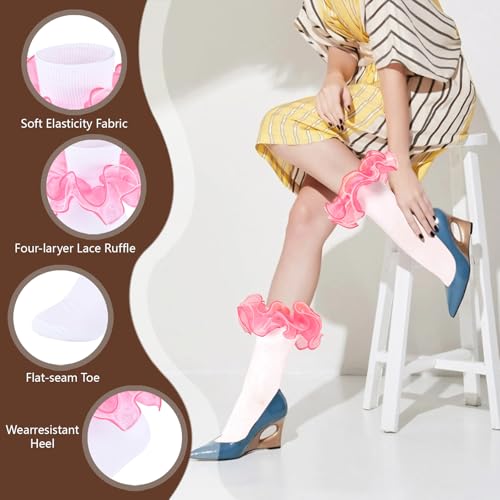 Image of Women Ruffle Socks with 4-Layer Big Frilly Lace Turn Cuff Dress Socks Adult Soft Cotton Fancy Frilly Sock