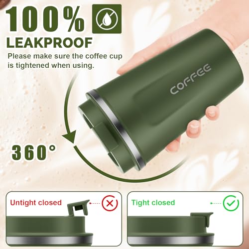 MOMSIV Coffee Cup, 380ml Vacuum Reusable Leakproof Double Wall Coffee Cup, Insulation Stainless Steel Eco-Friendly Travel Office Mug for Hot Coffee Tea and Cold Drinks (Green) - Image 4
