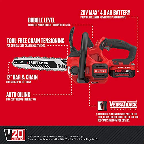 image for CRAFTSMAN V20 Cordless Chainsaw with Battery and Charger Included, 12-