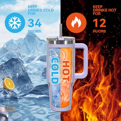 40 oz Tumbler with Handle,Tumbler with Lid and Straw,Double Wall Insulated Cup Stainless Steel Travel Mug(Cold for 34 Hours),Water Bottle for Iced Tea,Coffee,Cold Beverages(Purple)
