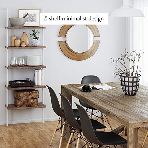 Nathan James Theo 5-Shelf Wood Modern Bookcase, Open Wall Mount Ladder Bookshelf with Industrial Metal Frame, Light Brown Oak/White