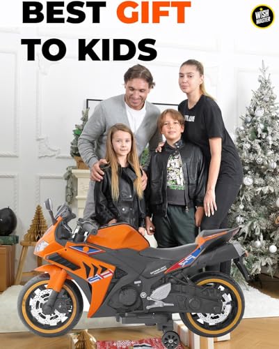 Image of Wishmaster Kids Battery Operated Ride-On Super Bike | Electric Rechargeable Bike for Boys & Girls 2-8 Years | Lights, Music, Training Wheels, | 100% Ready to Use Assembled (Blaze Orange)
