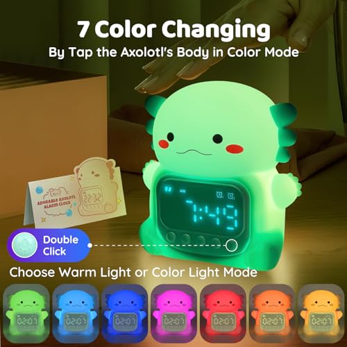 Image of Axolotl Alarm Clock with Night Light for Kids, Rechargeable Silicone Lamp Time to Wake Clock Cute Animal Tabletop Lamp, Perfect Sleep Companion for Boys Girls, Green