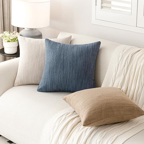 Image of Foindtower Set of 2 Decorative Textured Burlap Linen Throw Pillow Covers Farmhouse Boho Cushion Cover Solid Accent Pillowcase for Couch Sofa Bed Living Room Home Decor, 22x22 Inch,Navy Blue