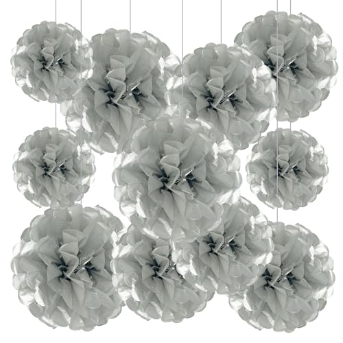 Tissue Paper Pom Poms, Silver Tissue Paper Flowers, Hanging Flower Balls for Weddings Fiesta Parties Birthday Baby Showers Classroom Bridal Shower Decoration (20Piece Set-6/10/12/14Inch)