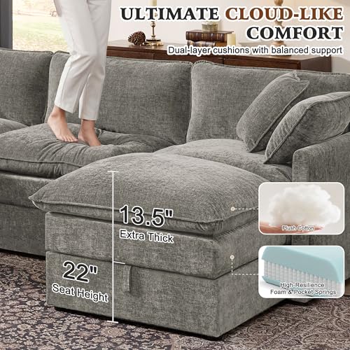 Image of Ihanherry 103 inch Modular Sectional Sofa with Storage, U Shaped Cloud Couch with Movable Ottomans & 4 Pillows, Chenille Deep Seat Sectional Couches for Living Room, Apartment (Grey)