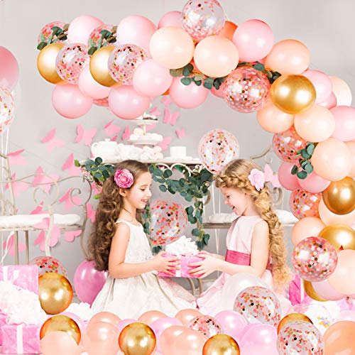 Pink Balloon Garland with Artificial Greenery Garland Pink Gold Balloon Arch Kit with Artificial Greenery for Baby Shower Wedding Party Decorations