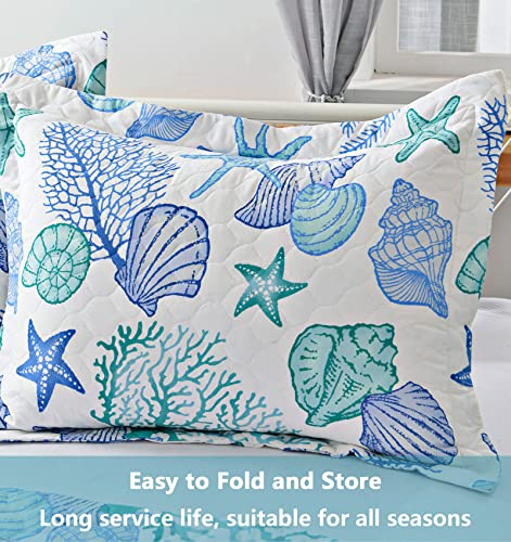 Chesity Beach Quilts King Size 3-Piece Reversible Ocean Bedspread Coastal Bedding Set Summer Lightweight Starfish Seashell Conch Coverlet Set Bedding Cover Conch Sheet(96"X106") #TOP4